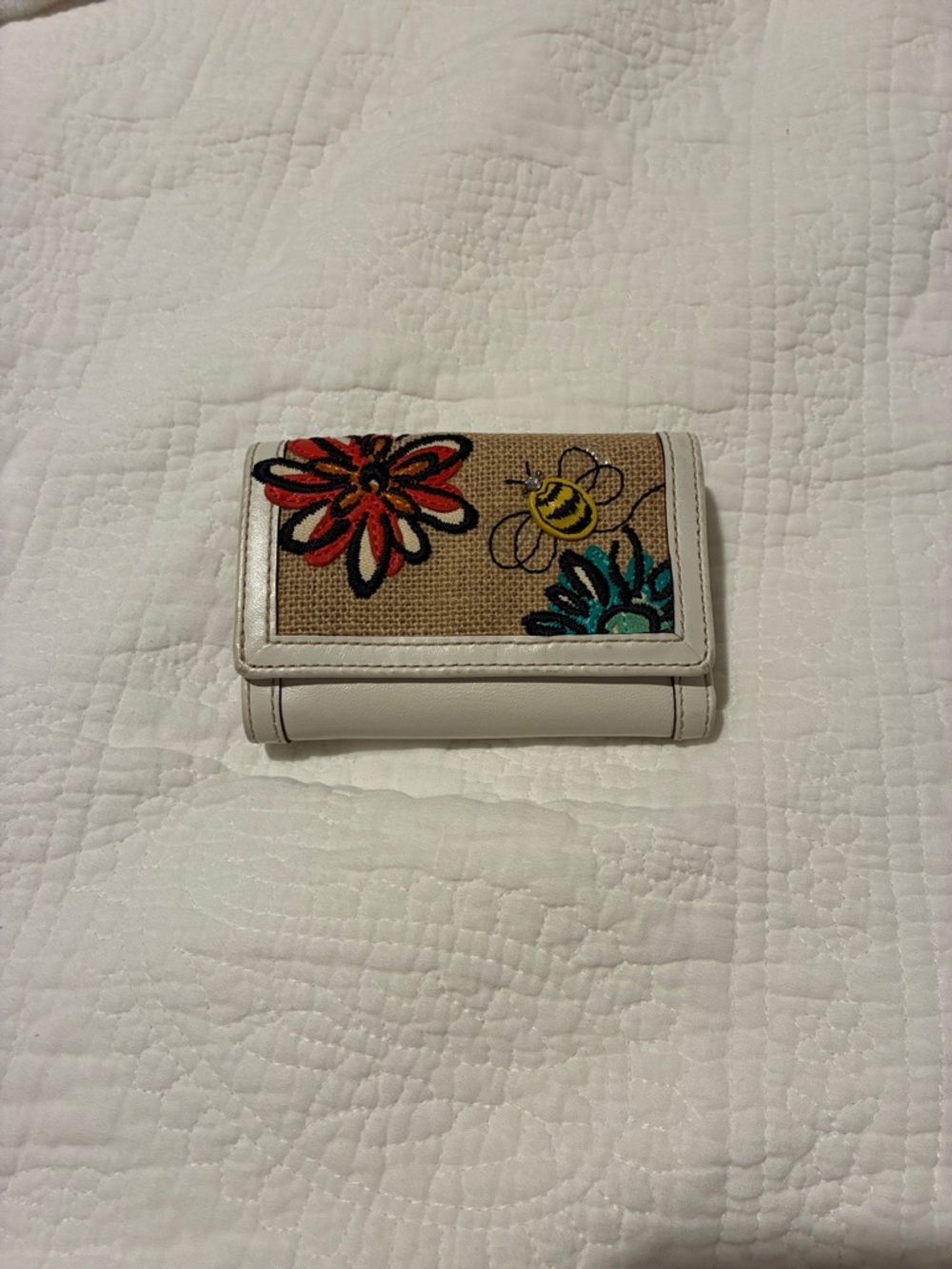 Coach White Trifold Wallet with Colorful Floral and Bee Embroidery